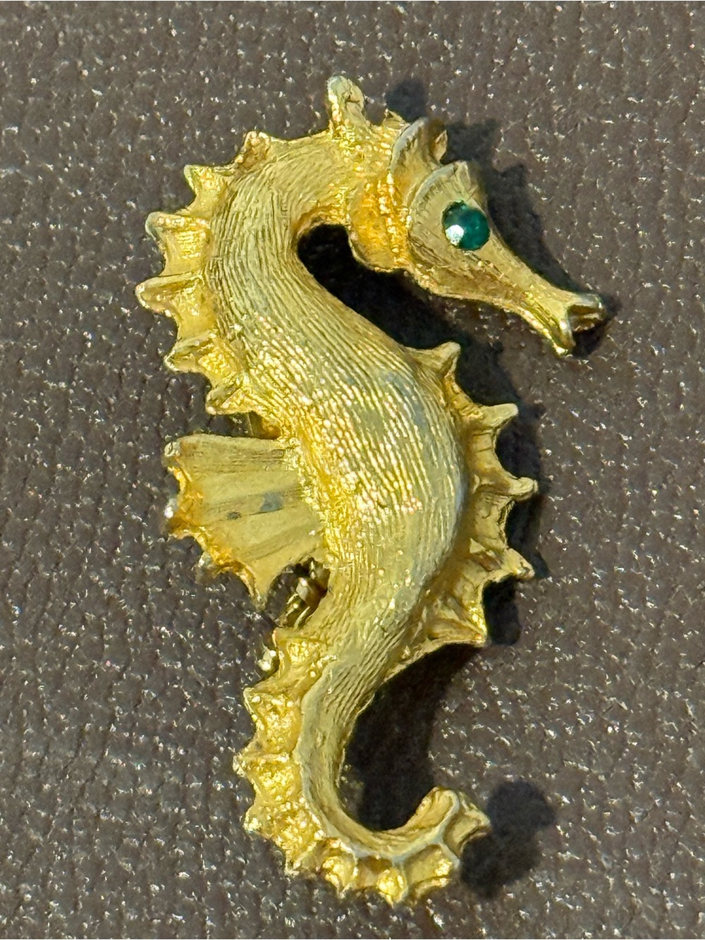 Vintage Gold colored Seahorse Brooch with Green Eye rhinestone lapel pin ocean